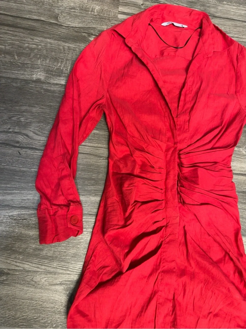 Zara Red Linen Blend Ruched Shirt Dress Size M